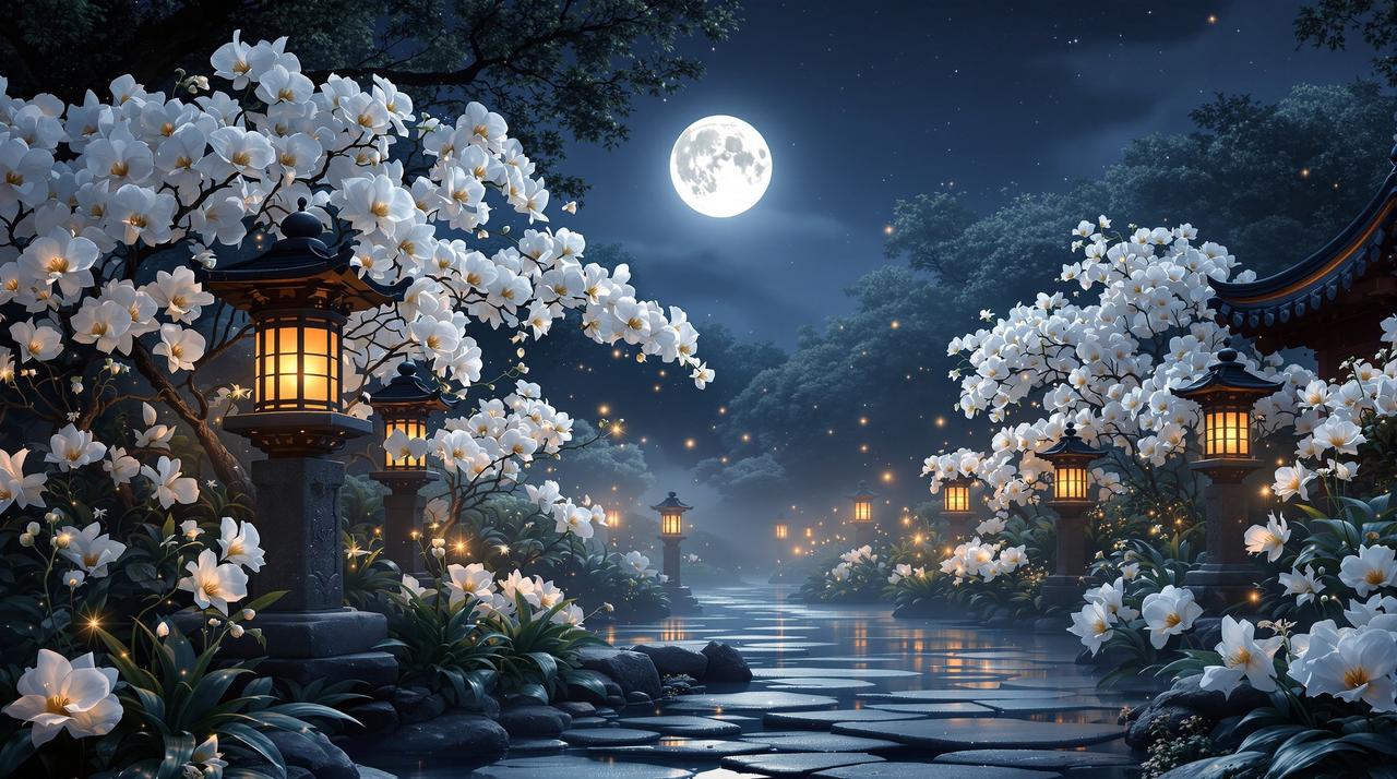 优优漫画 - 月光下的兰花庭院,静谧优雅的氛围